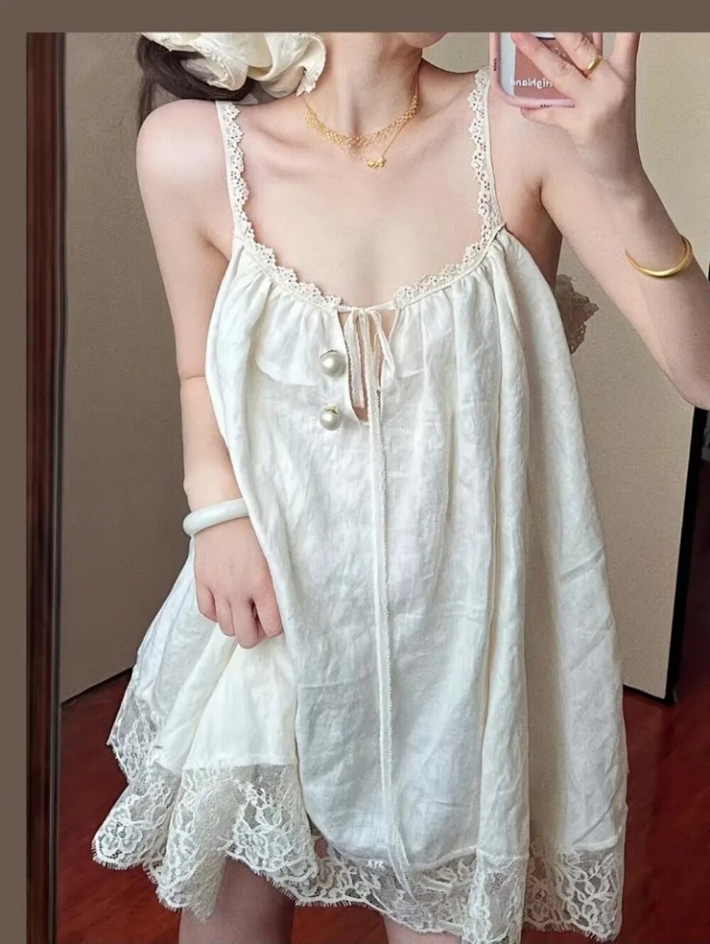 French Court Style Lace Trim Strapless Nightdress, Loose-Fitting Summer Dress - Picture 4 of 4